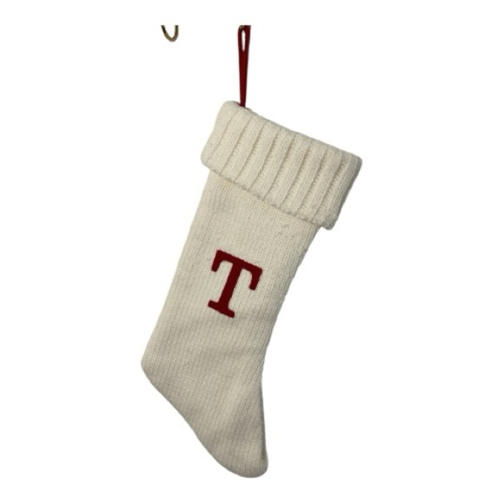 White Knit Christmas Stocking with Red Initial ‘T’